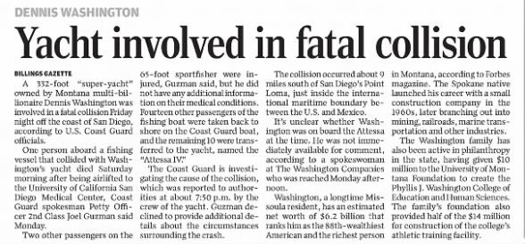 The Missoulian, Missoula MT - Dennis Washington's Yacht Collision and mentions his Philanthropist donations to the University of Montana